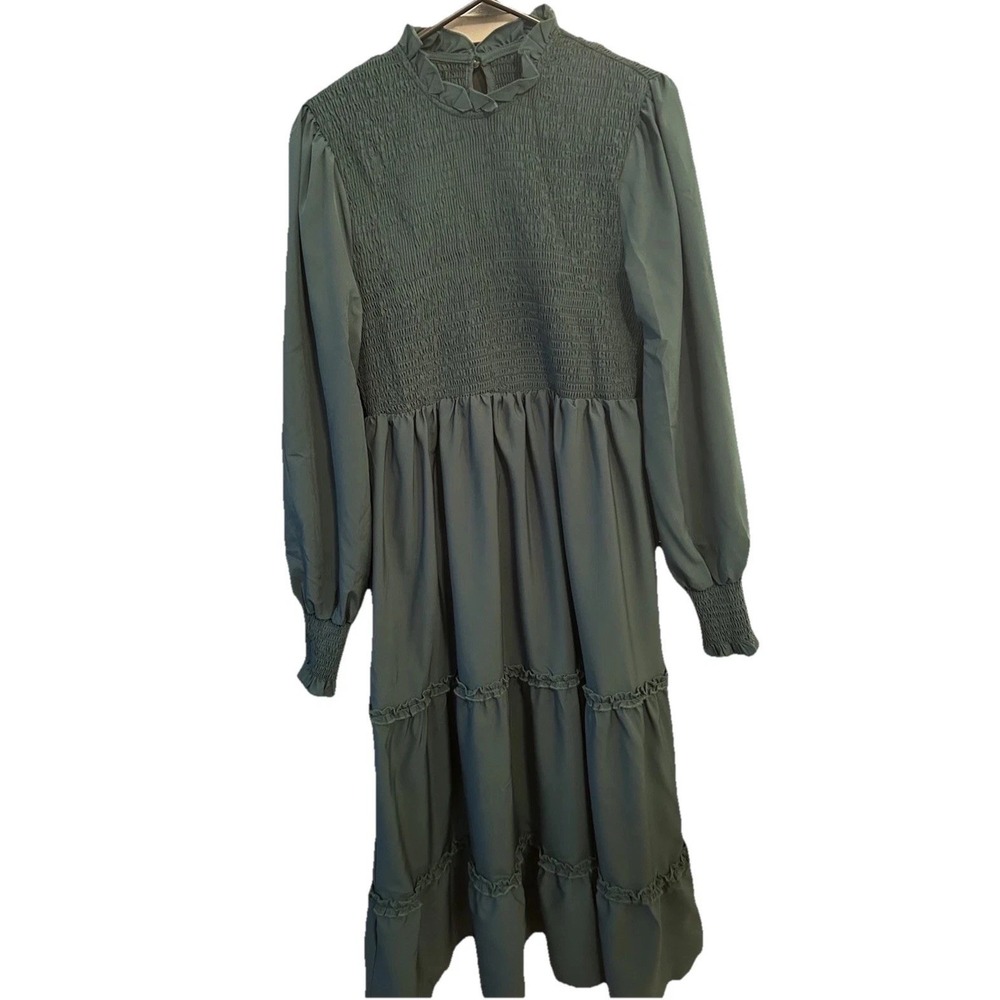 New Midi Dress For M‎ 10/12 Green Tiered Ruched Bodice & Cuff Ruffle Neck